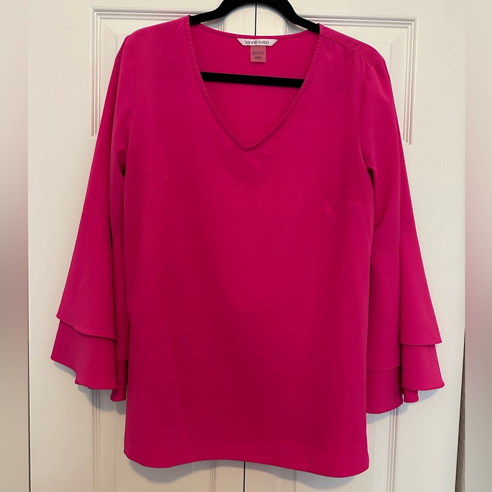 Pink V-Neck Bell Sleeve Blouse